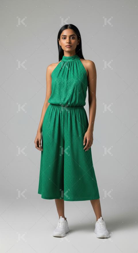 Young woman posing in vibrant green culotte jumpsuit