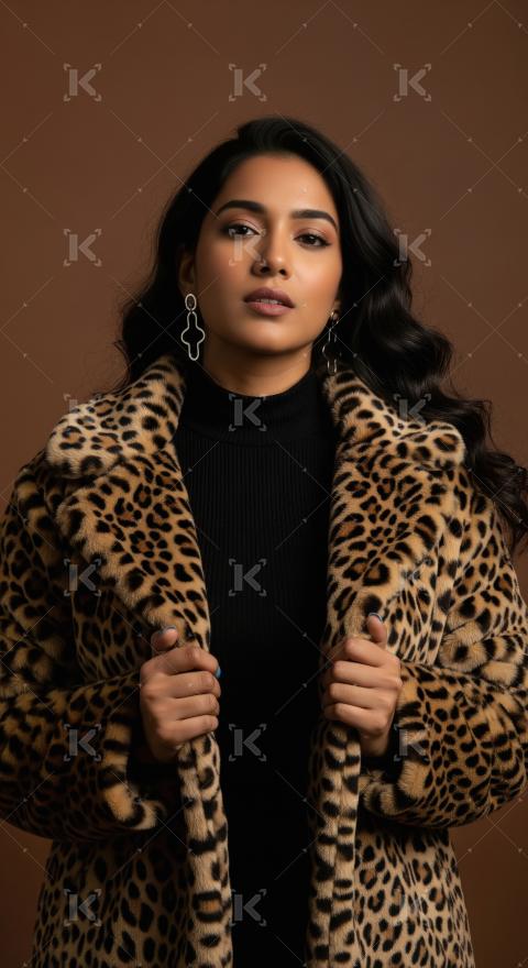 Elegant portrait of a confident woman in a trendy leopard coat