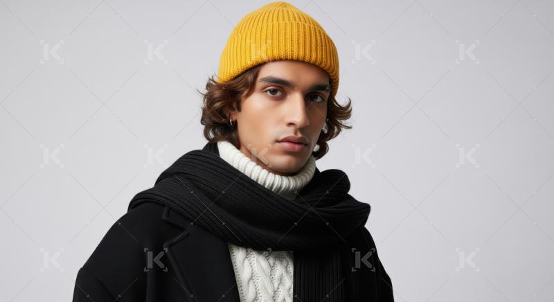 Young Man in Yellow Beanie and Winter Fashion