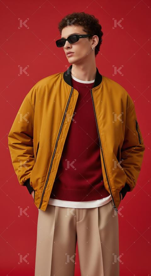 Stylish Young Man in Bomber Jacket, Sweater, and Sunglasses