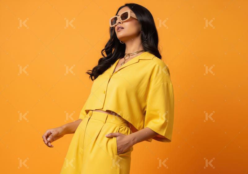Confident Woman Posing in Vibrant Yellow Attire and Sunglasses