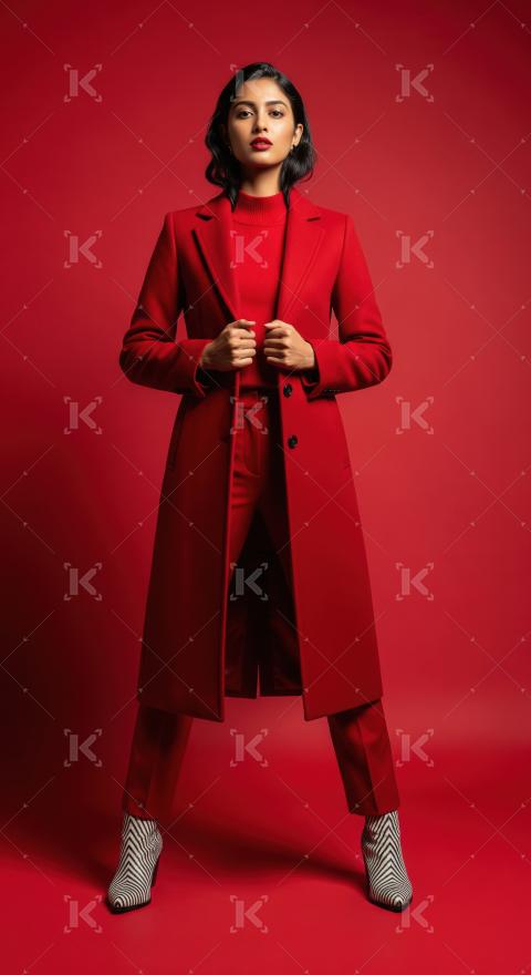 Stylish woman wearing a bold red coat and striped boots