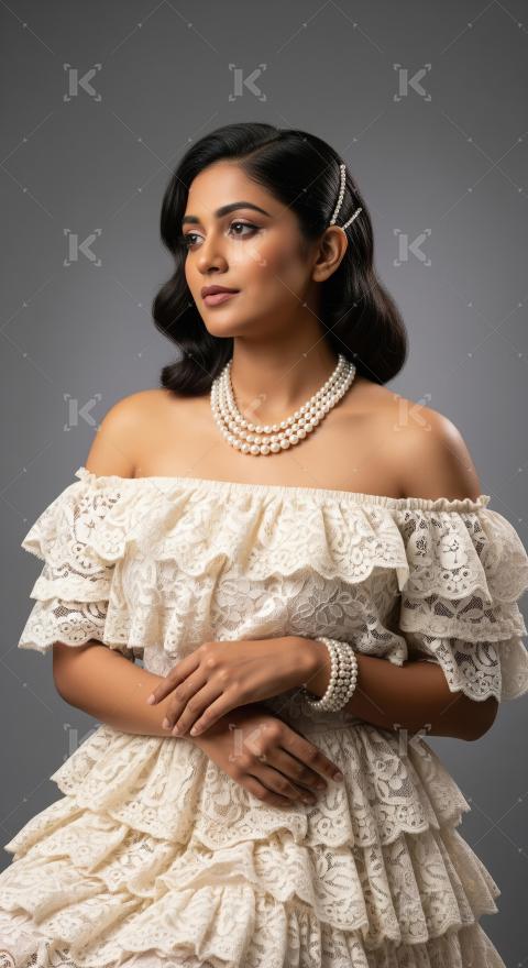 Elegant Young Woman in Lace Dress Adorned with Pearls
