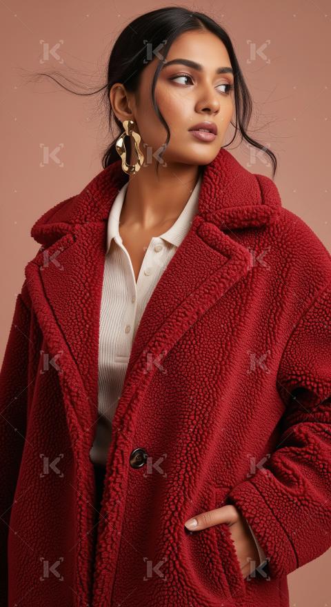 Elegant Woman in Red Sherpa Coat and Gold Earrings