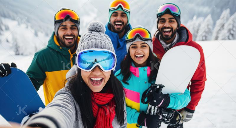 Joyful Friends Taking Selfie on Snowy Mountain Ski Trip
