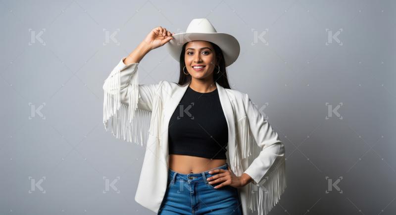 Confident Indian Woman in Stylish Cowboy Hat and Fringe Jacket