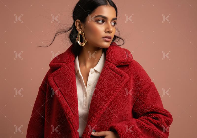 Stylish Woman in Red Teddy Coat and Statement Gold Earrings