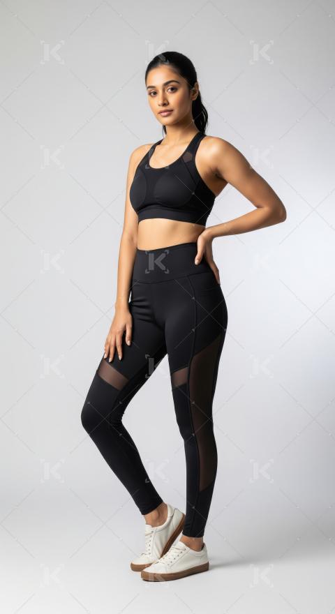 Fit Indian Woman in Black Sportswear Posing Confidently
