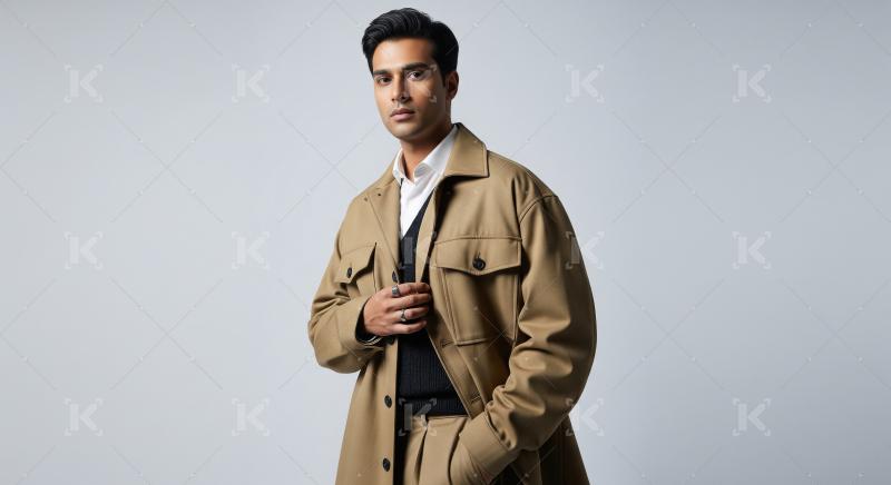 Stylish Young Man in Tan Jacket Posing Confidently