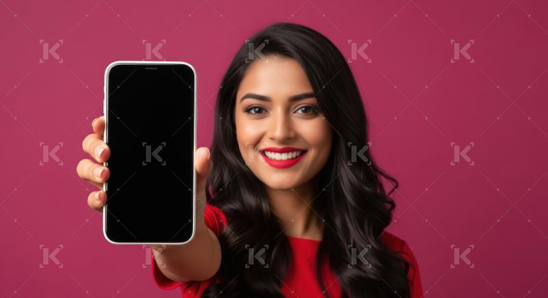 Smiling Indian Woman Holding Smartphone with Blank Screen