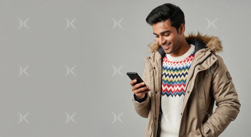 Young Man Smiling, Texting on Phone in Winter Jacket