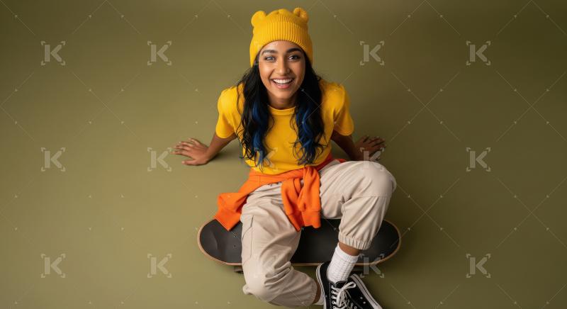 Joyful Young Woman with Blue Hair Sitting on Skateboard