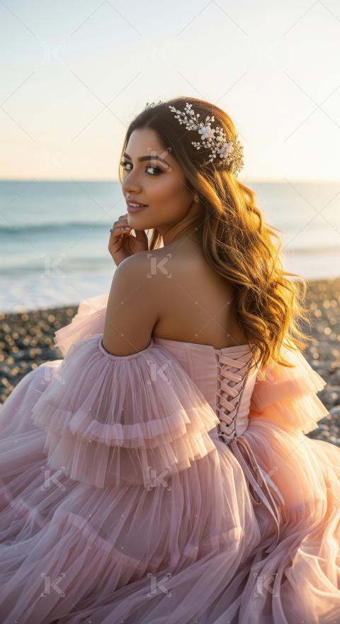 Elegant Woman in Pink Gown on Beach at Sunset