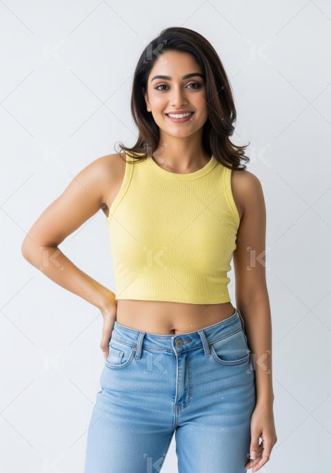Happy Young Indian Woman Smiling in Yellow Crop Top