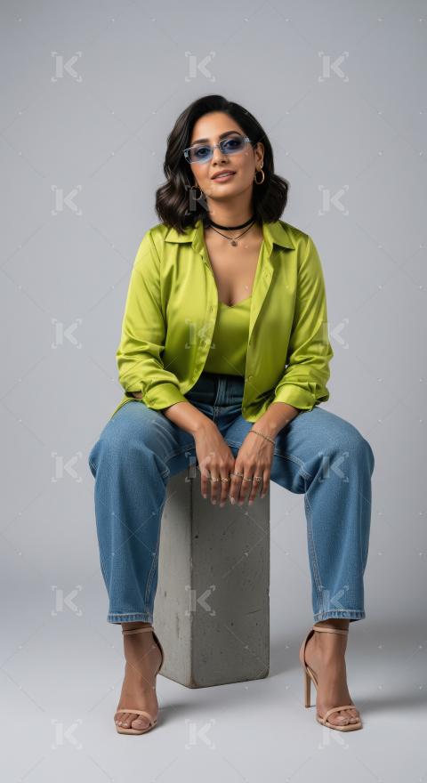 Stylish Woman Posing Confidently in Green Satin and Denim