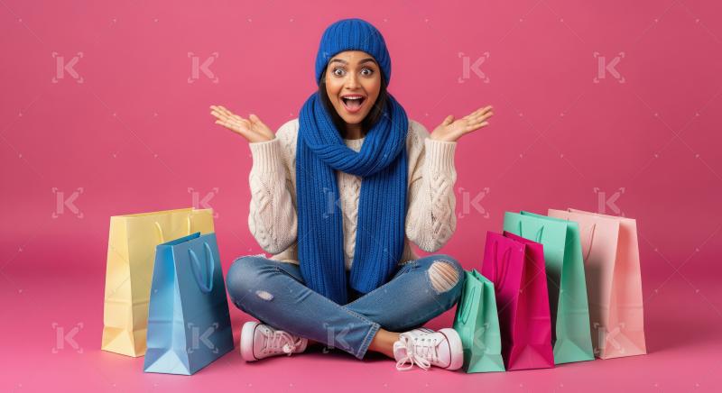 Excited Woman with Colorful Shopping Bags in Winter Fashion