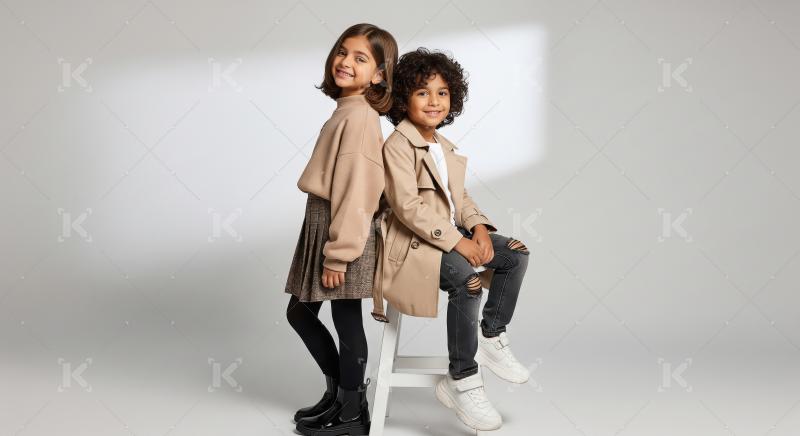 Happy children in stylish beige fashion, smiling at camera.