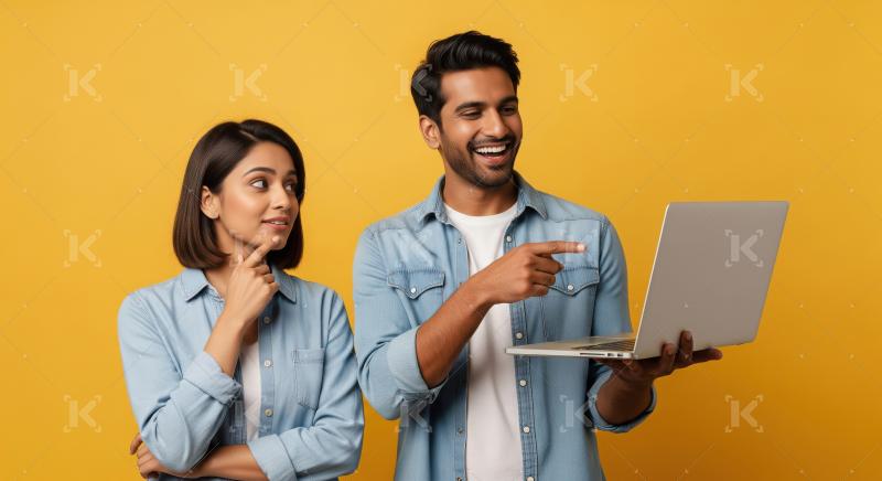 Happy Indian Pair Using Laptop, Brainstorming New Ideas Together