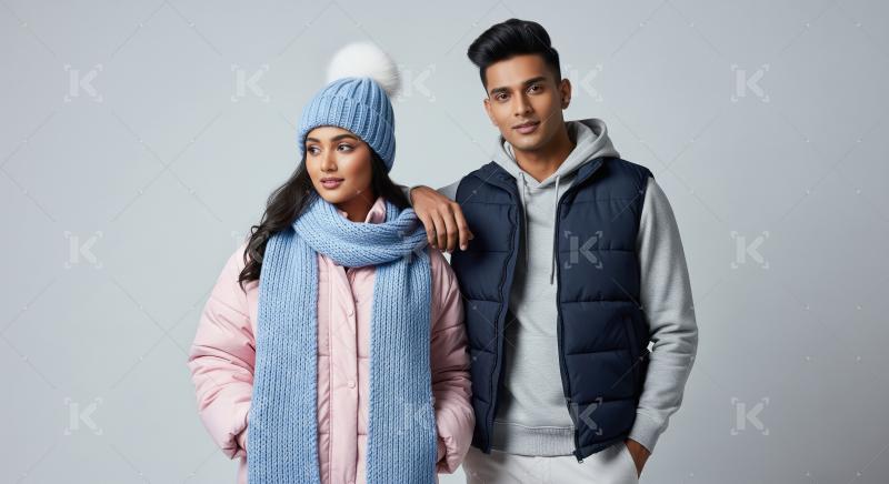 Stylish young couple wearing trendy winter fashion together.