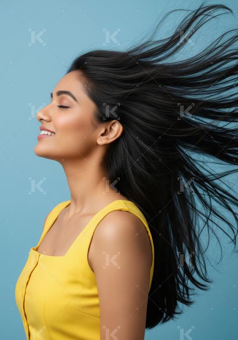 Beautiful Indian Woman with Long Flowing Hair Smiling Joyfully