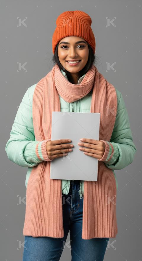 Smiling Woman in Winter Fashion Holds Blank Item