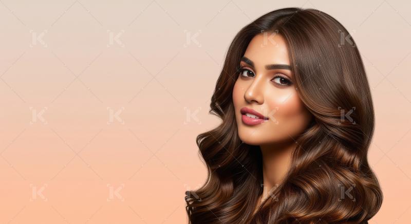 Beautiful Woman with Wavy Brown Hair and Natural Makeup