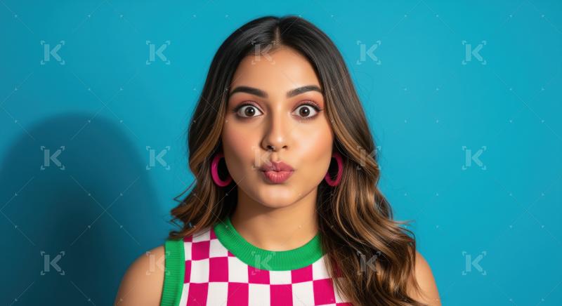 Playful Young Woman Pouting with Wide Eyes on Blue Background