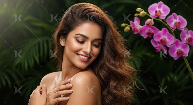 Beautiful Woman Smiling in Nature with Pink Orchids