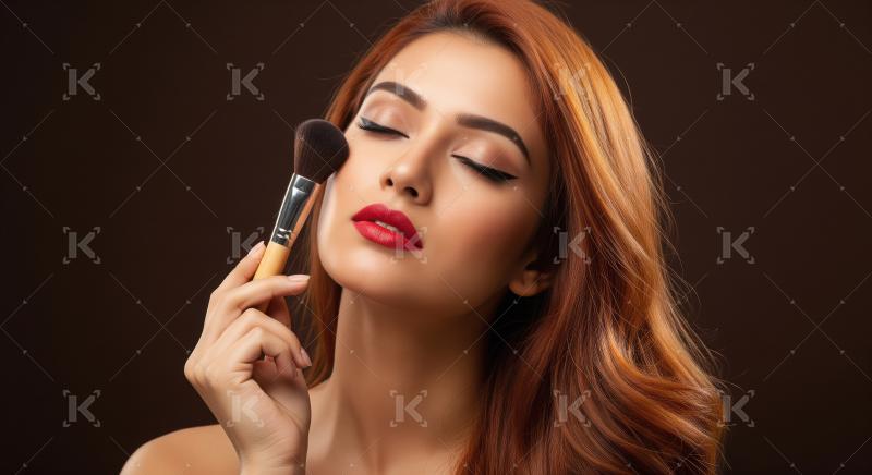Beautiful woman applying makeup with a brush, elegant style.