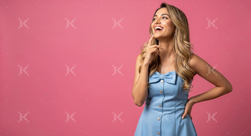 Happy Young Woman in Blue Dress Smiling on Pink Background