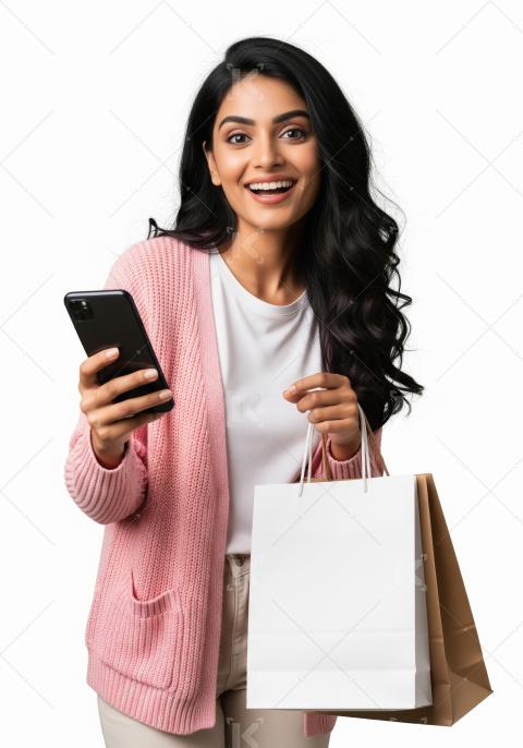 Happy Woman Mobile Shopping with Phone and Bags