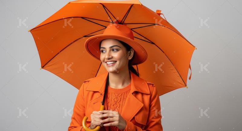 Stylish Indian Woman in Orange with Umbrella Smiling Brightly