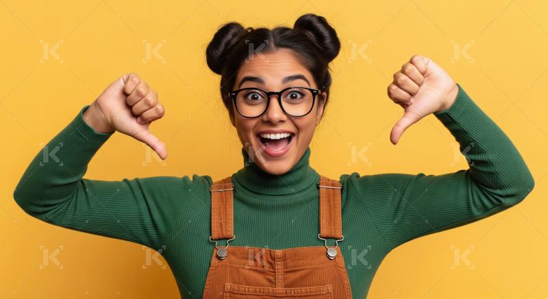 Cheerful Woman Shows Thumbs Down Gesture on Yellow Background