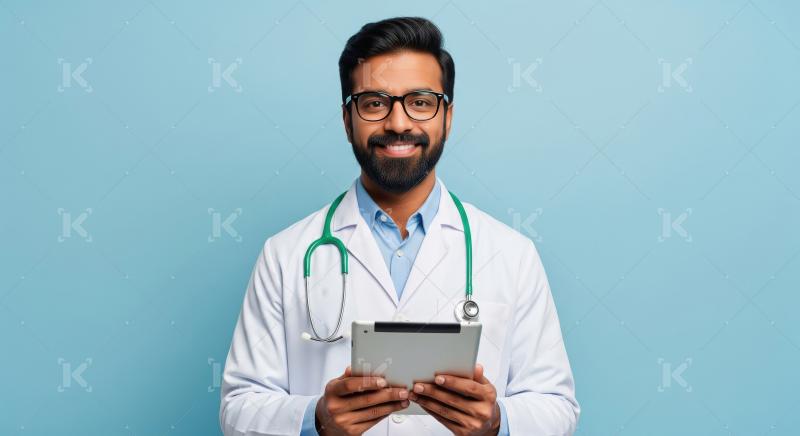 Smiling Male Doctor Holding Digital Tablet with Stethoscope