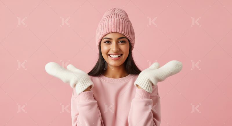 Smiling Woman in Pink Winter Attire Posing Happily