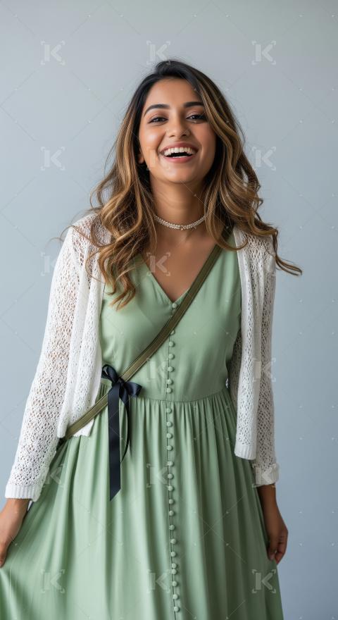 Happy Young Indian Woman Smiling in Casual Green Dress