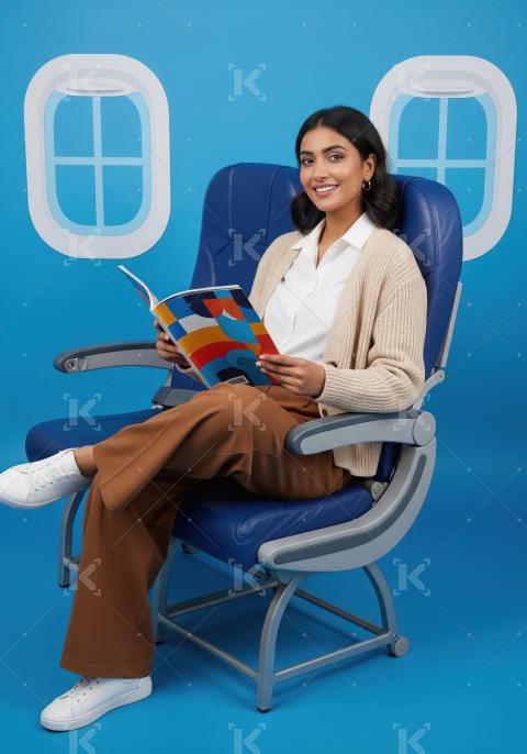 Happy traveler reading magazine inside an airplane.