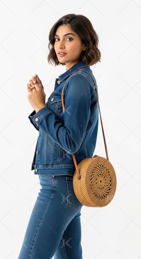 Stylish woman in denim jacket carrying a trendy rattan bag
