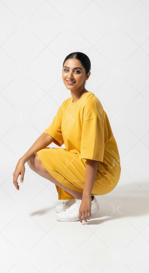 Young Woman in Yellow T-Shirt Dress Squatting, Smiling