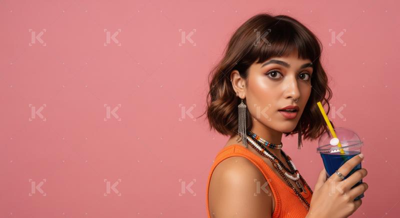 Stylish Young Woman with Piercings Holding Blue Drink