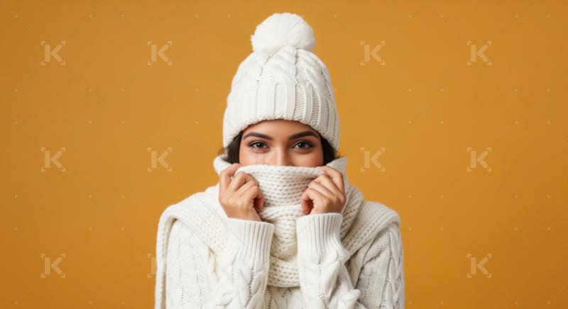 Young Woman Cozy in White Winter Knitted Hat and Scarf