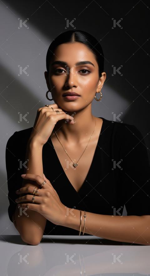 Elegant Woman Posing with Gold Jewelry in Studio Light