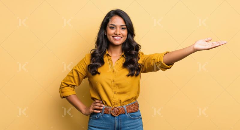 Smiling Indian Woman Presenting with Open Hand on Yellow
