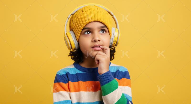 Thoughtful young boy wearing headphones and colorful sweater.