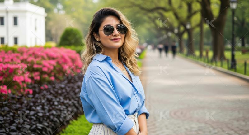 Stylish Young Woman in Sunglasses Posing in Sunny Park