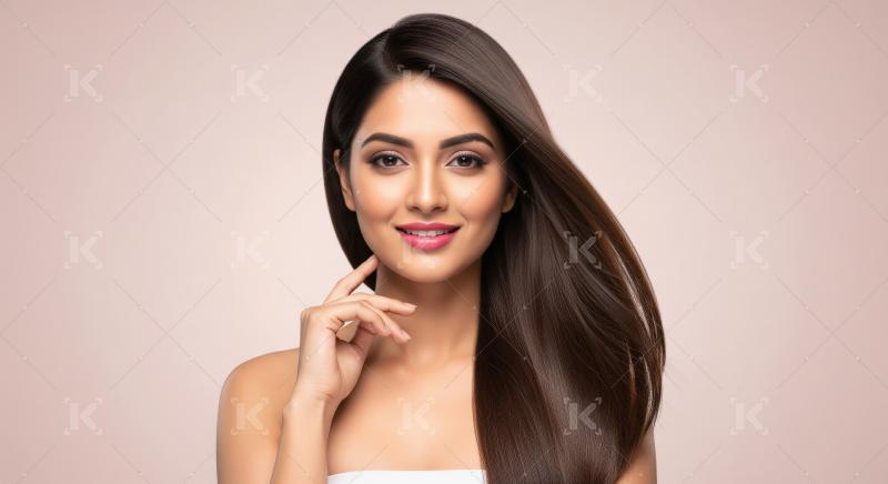 Beautiful woman with long, shiny, healthy dark hair smiling