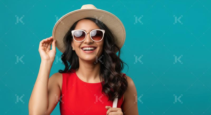 Joyful Woman in Hat and Sunglasses Smiles Brightly