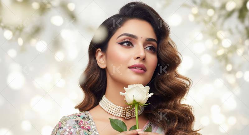 Elegant Indian Woman Holding White Rose, Adorned with Pearls
