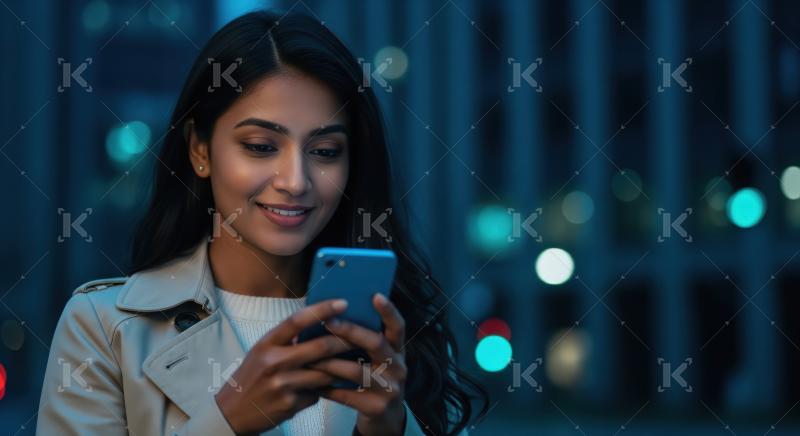 Young Indian Woman Smiling, Engaged with Smartphone in City Nigh