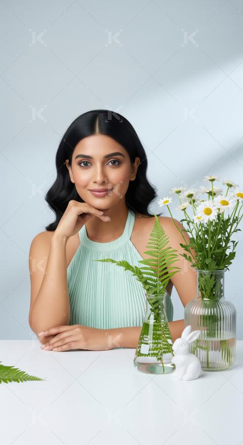 Natural Beauty Woman Posing with Botanicals for Skincare